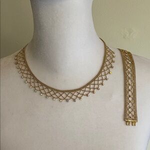 GIVENCHY Gold Mesh Crystal Accents Bib Choker/Necklace Bracelet Set Vintage